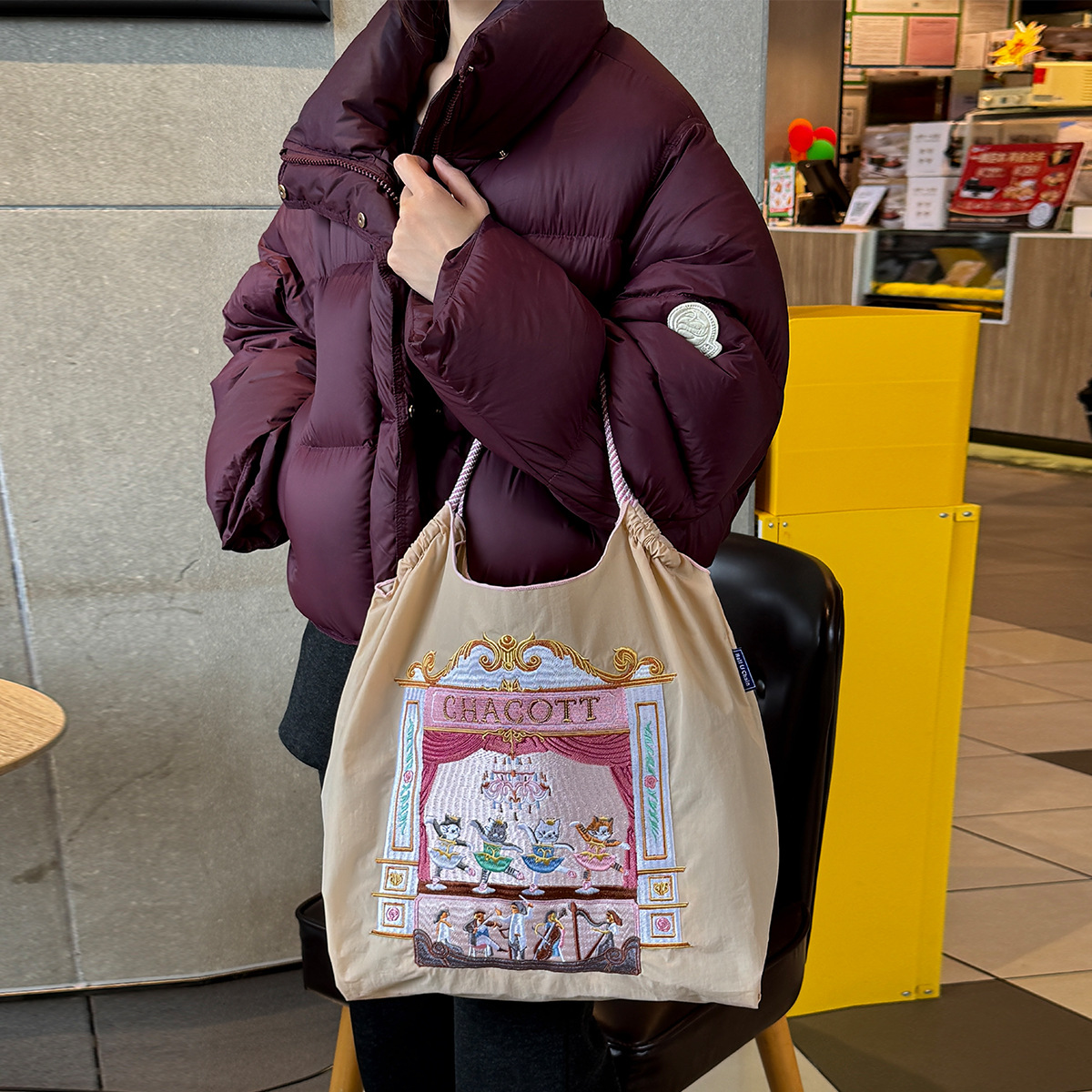 Ballet cat canvas bag, custom-made in Japan, embroidered ballchain eco-friendly bag, custom shopping bag, women's single-shoulder bag details Picture