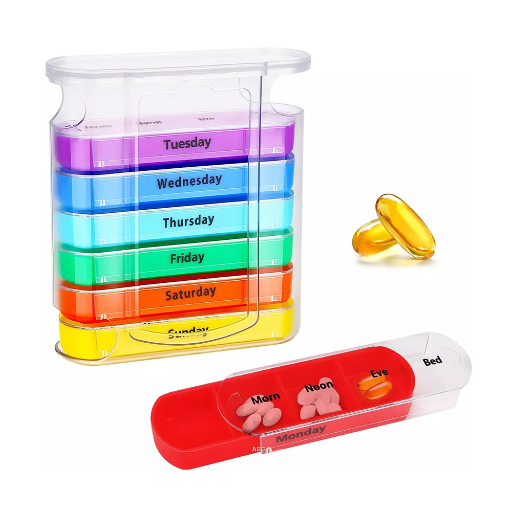 One-week pill storage box, sealed portable 28-compartment medicine box, pill dispensing box, Rainbow new pull-out medicine box Item Picture
