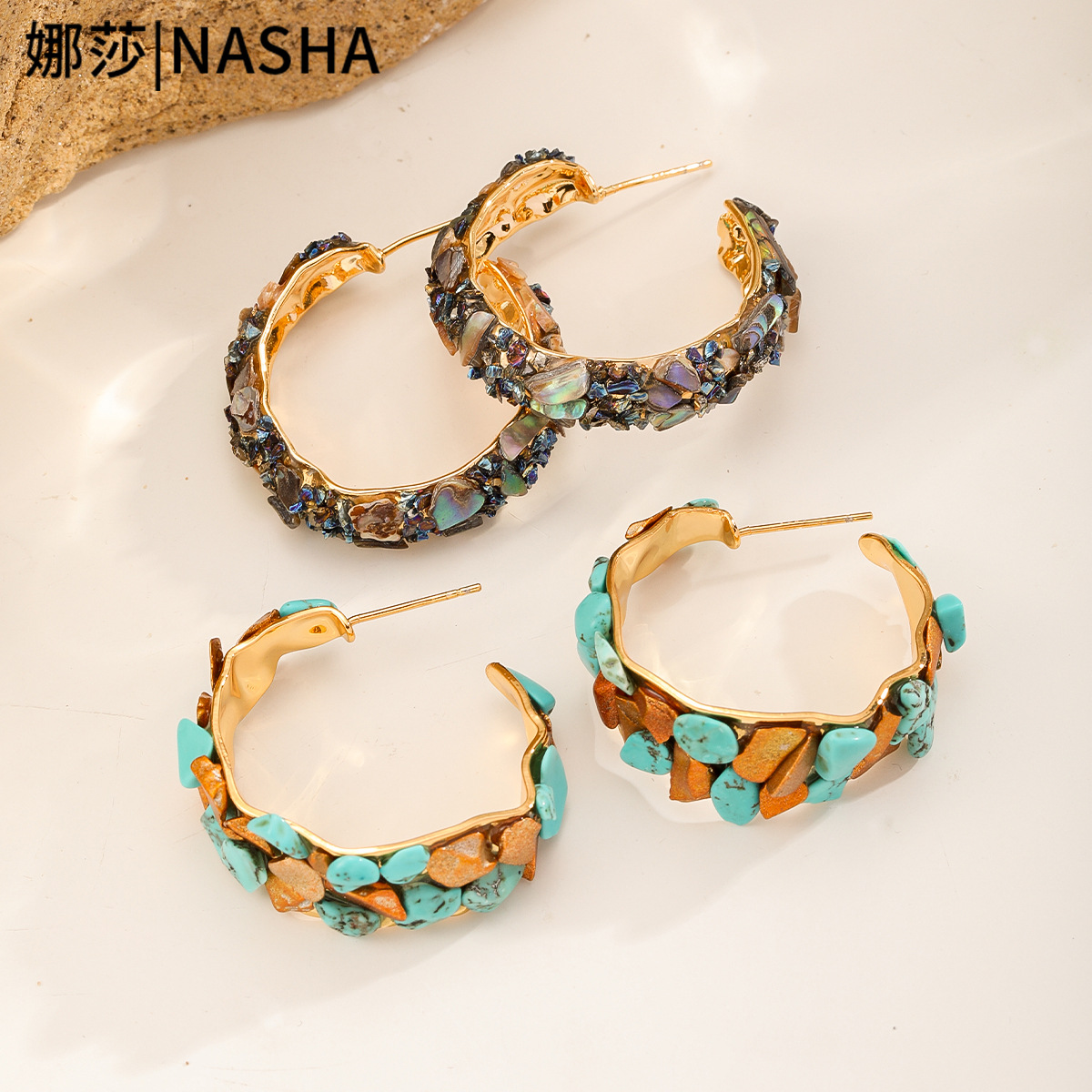 娜莎跨境文艺复古风彩色碎石碎贝镶嵌圆圈耳环女夸张耳圈轻奢耳饰
