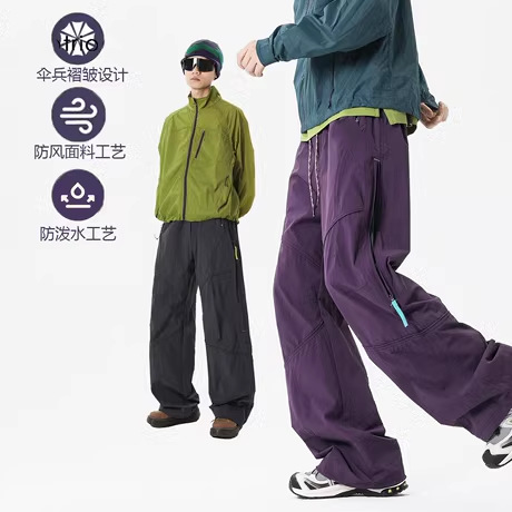 山系伞兵裤男户外防水冲锋裤女轻量徒步软壳裤宽松直筒工装长裤