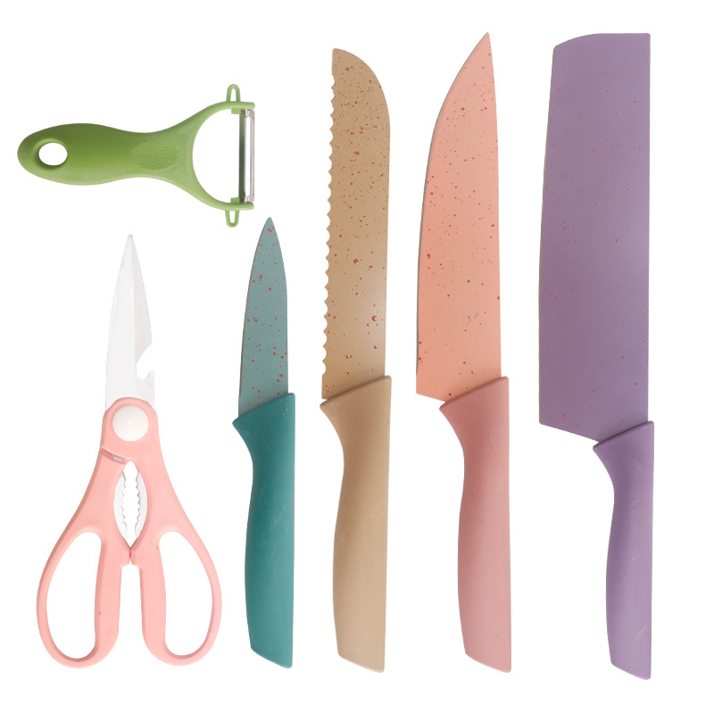 Stainless steel knife set for kitchen, 6-piece wheat straw knife set with scissors, multi-functional kitchen knife set Item Picture