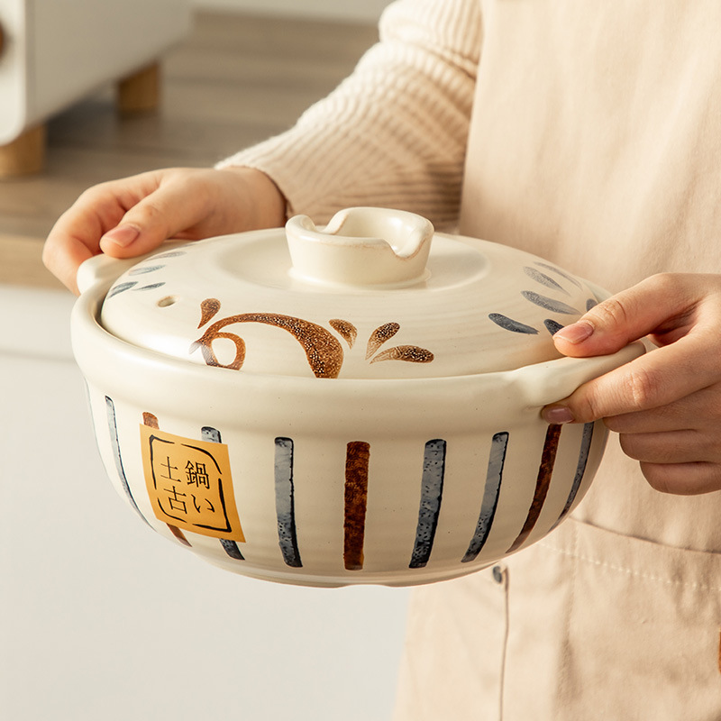 Japanese-style hand-painted soup pot with spodumene high-temperature resistant stew pot, dry-burning without cracking 煲仔饭 ceramic soup pot with lid, high-temperature resistant Specification image