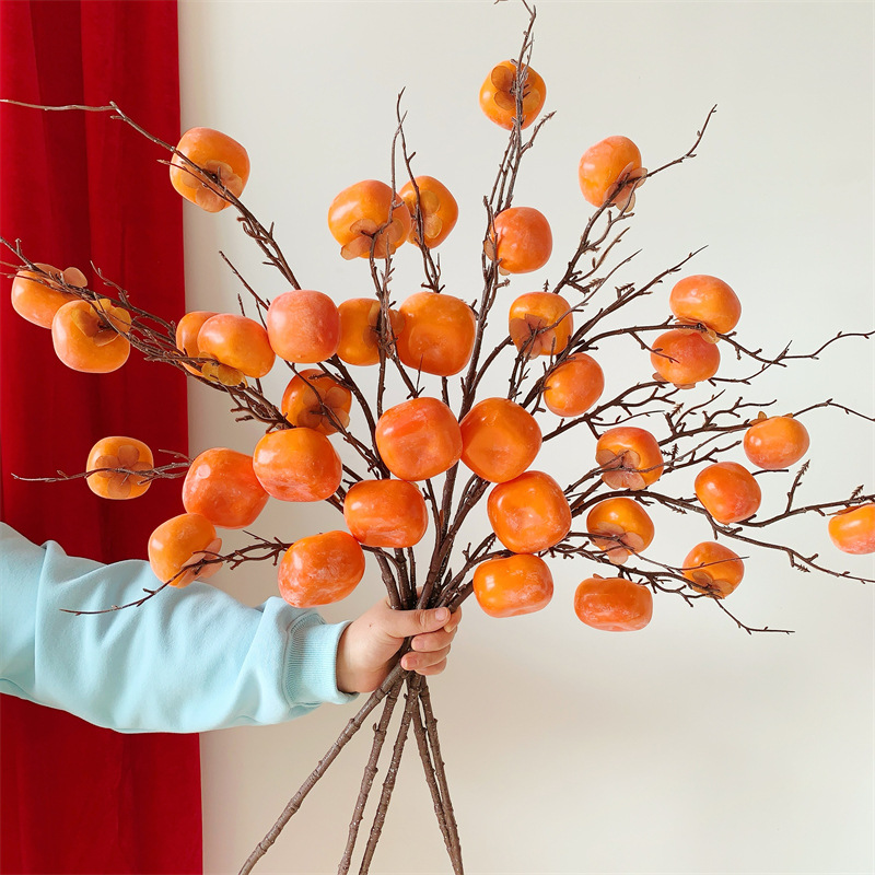7头仿真柿子果实树枝假花过年摆设客厅柿柿如意装饰插花束摆件产品图