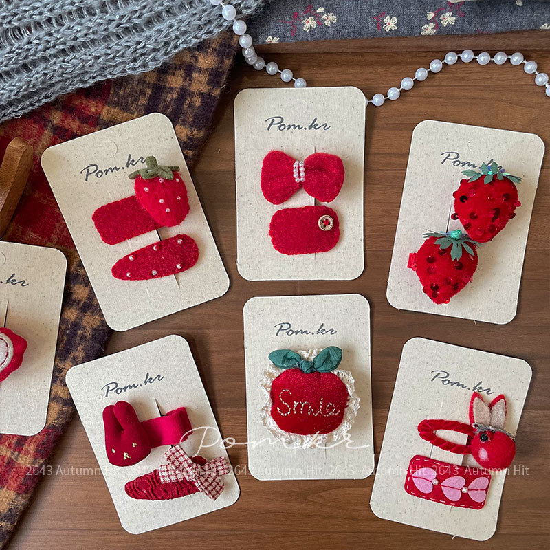 Nuevo coreano colección otoño invierno rojo atado paño mano hacer horquilla niño dulce par montado lateral pelo roto pinza pinza accesorios para el pelo Pom.kr rojo atado horquilla set fresa conejo manzana seta otoño dulce dulce adolescente Specification image