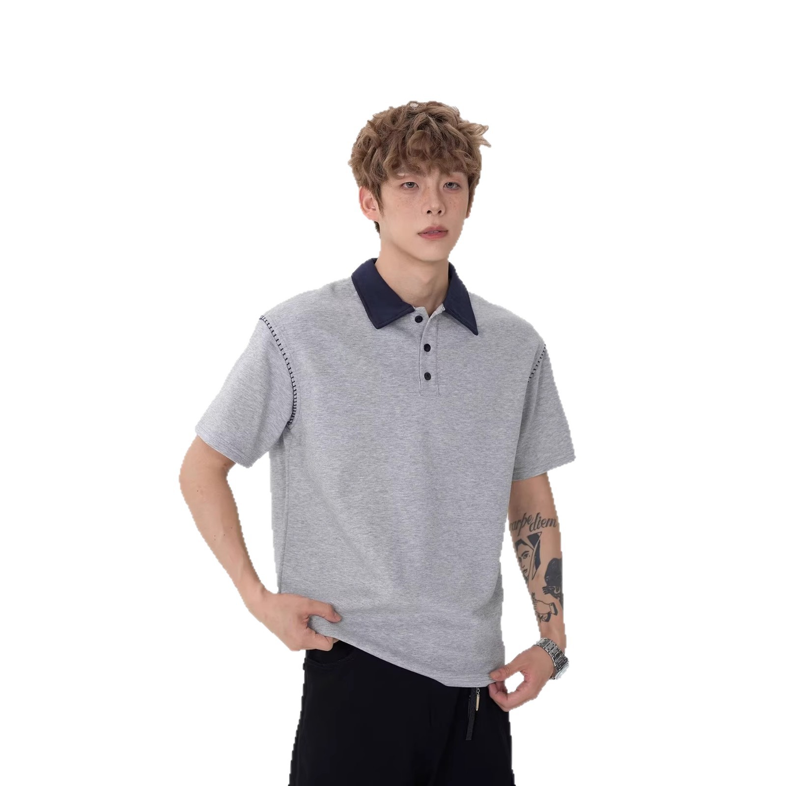 Spring loose patchwork, versatile design, casual and niche T-shirt top, American high-end short-sleeved POLO shirt for men Item Picture