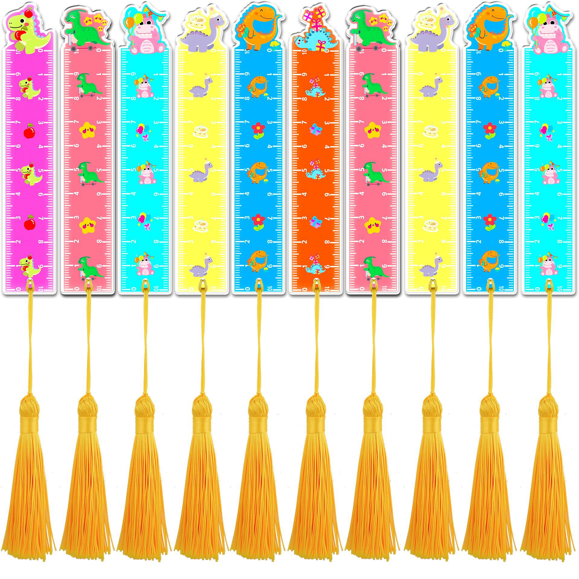 跨境爆款卡通流速书签恐龙吊穗量尺书签亚克力可爱风多色混书签