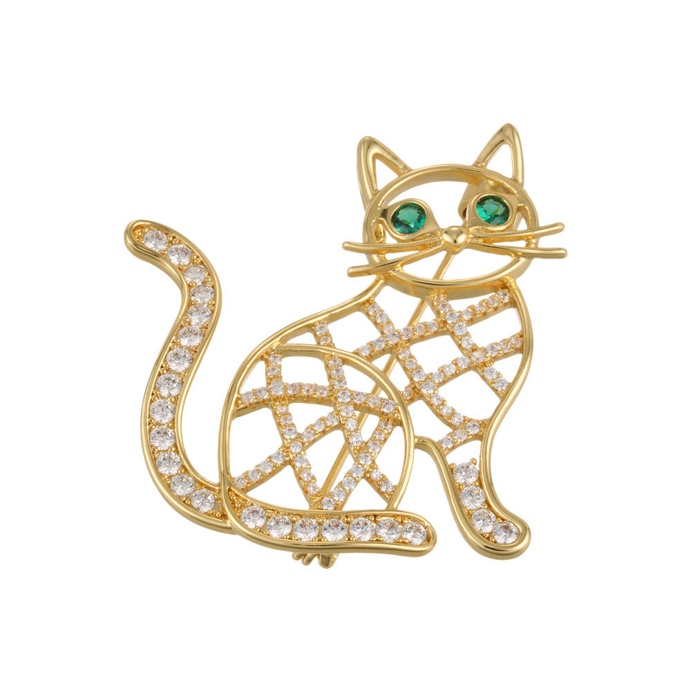 Diseño original cute girl wind calado rejilla gato broche aleación de cobre oro real chapado micro zirconia pin Item Picture