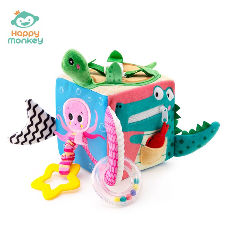 Happymonkey Baby Early Education Toys: Hexahedral dressing soft cloth building blocks, baby grasping training bells Item Picture