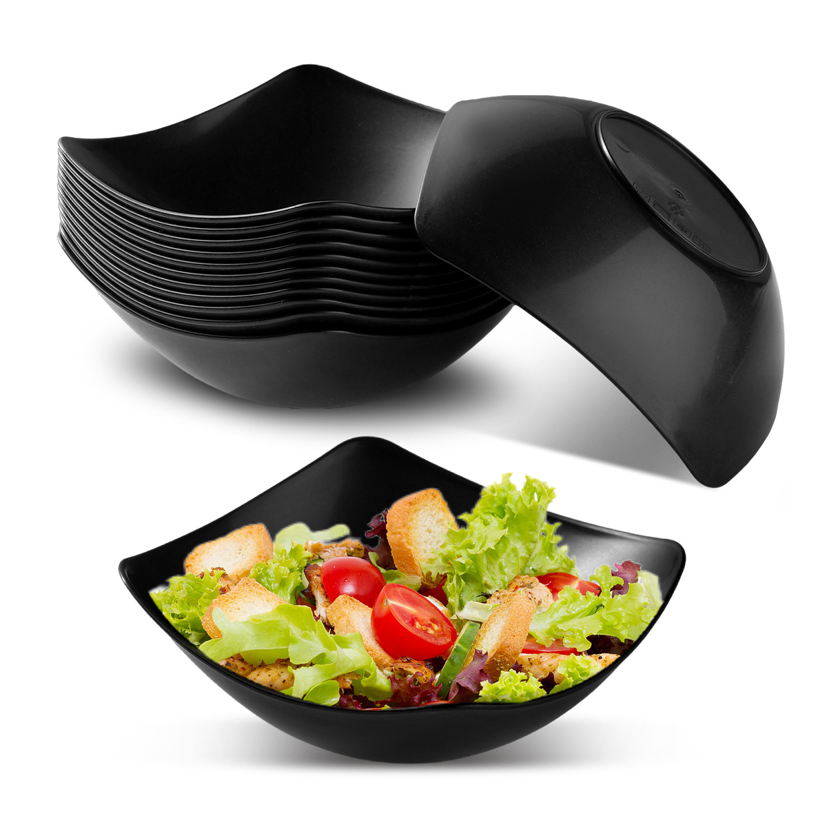 Cross-border microwave-safe black plastic plates, four-corner bowls, household high-quality appearance level vegetable bowls and plates, salad bowls, deep soup plates Application Scenario