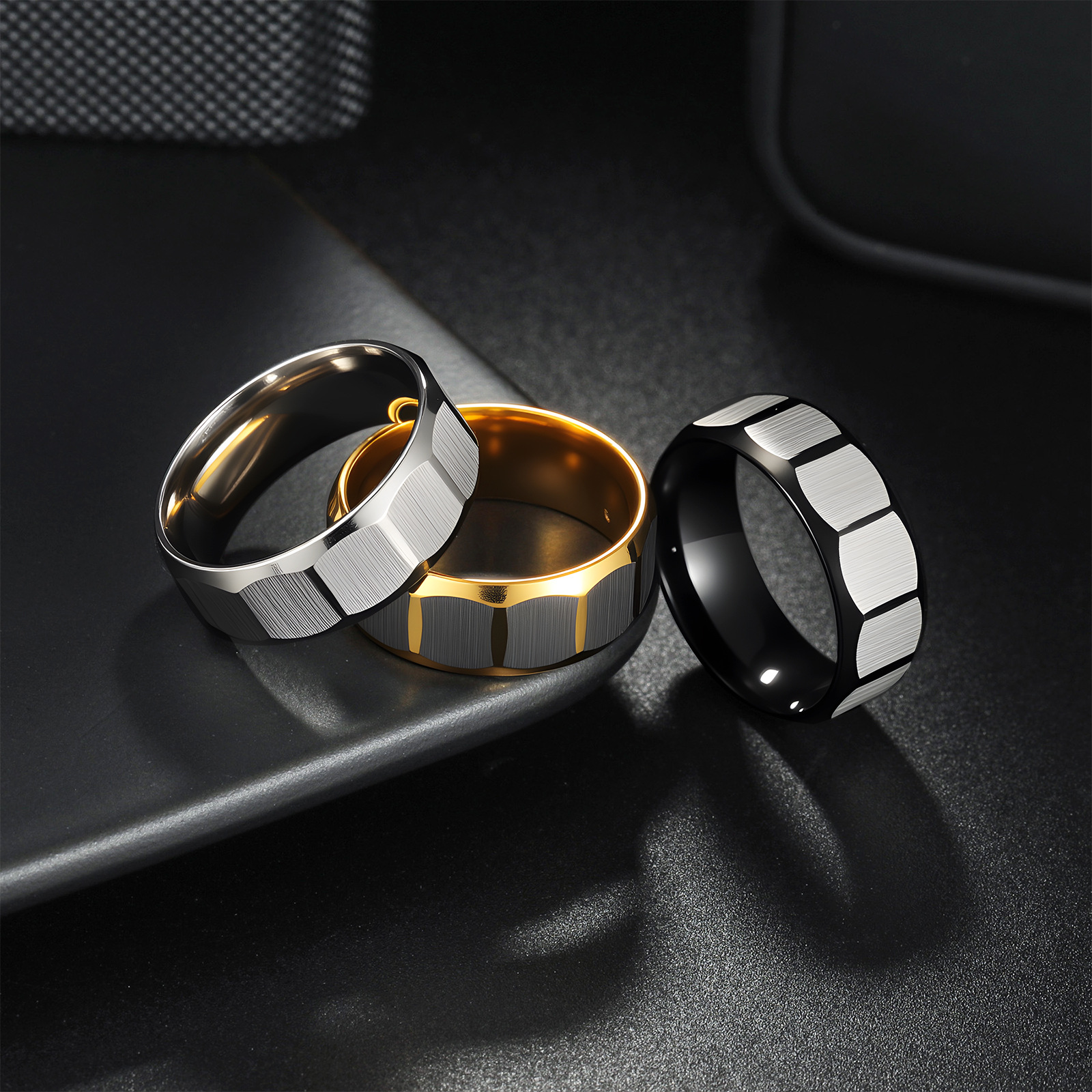In 2025, Amazon's new European and American jewelry, a frosted multi-faceted geometric men's stainless steel ring, is simple and fashionable details Picture