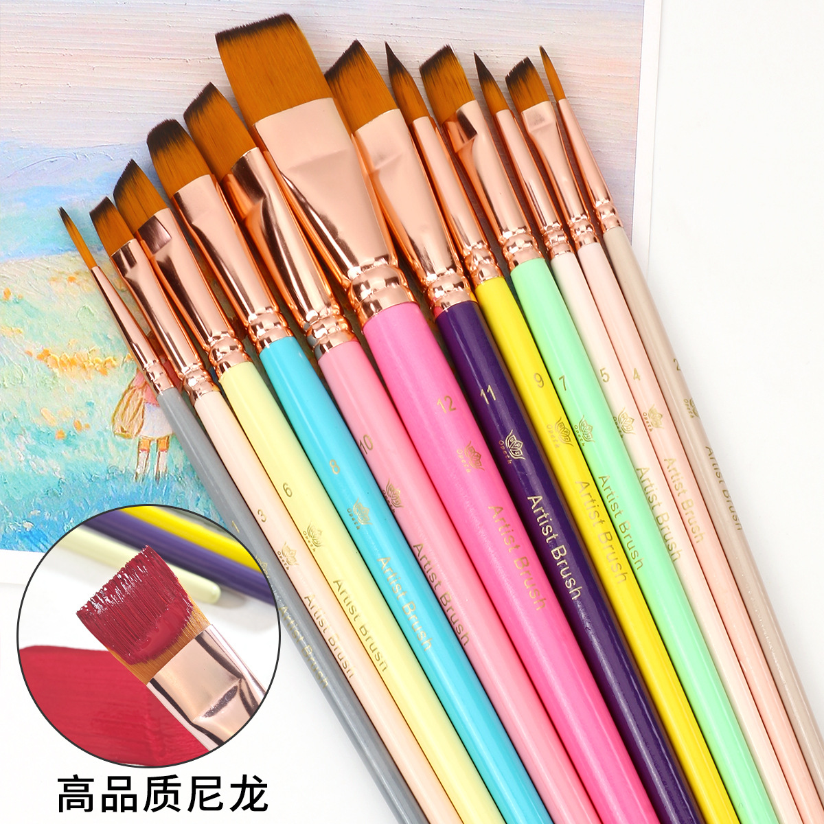 A set of 12 colored nylon brushes mixed with art supplies, including beginner's painting, wall painting paint, board brushes and brushes Application Scenario