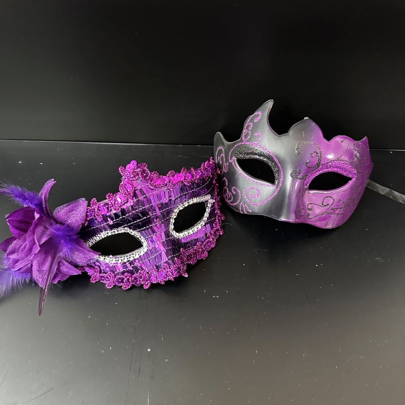 Eight Venetian masks decorated with black lace, feather, flower and metal. The black and white color combination is magnificent details Picture