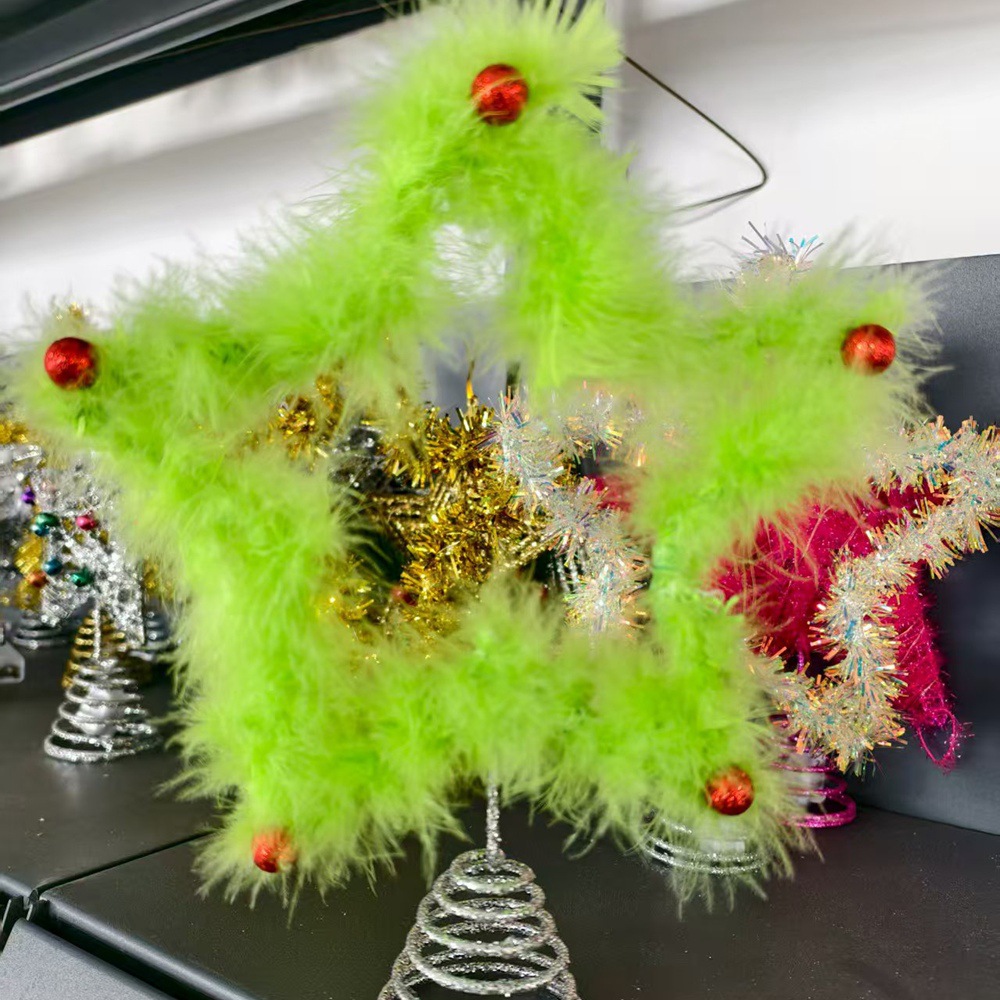 跨境2025新款圣诞树顶星装饰品礼物礼品铁艺五角星毛条摆件毛毛