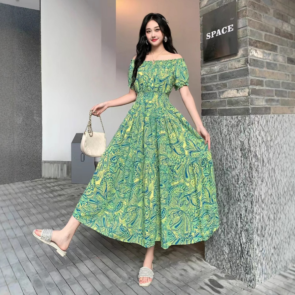 Cross-border off-the-shoulder one-shoulder cotton silk dress, women's summer dress, Bohemian island vacation dress, travel beach dress details Picture