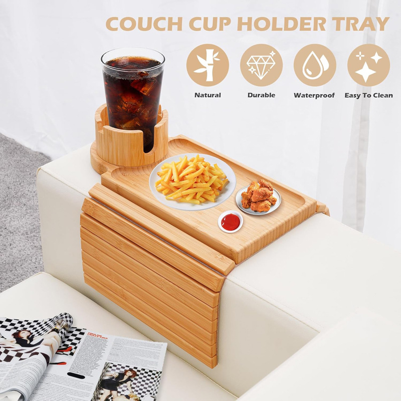 Bamboo sofa cup holder tray set, bamboo and wood anti-slip sofa armrest tray, TV drama and snack tray, sofa table clamp details Picture