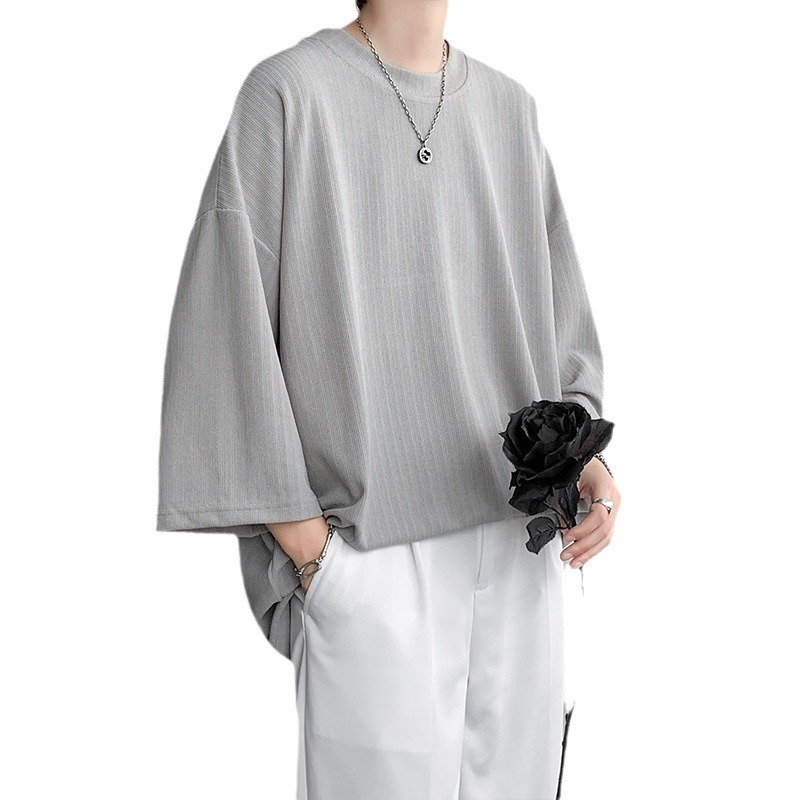 Ice Silk short-sleeved T-shirt men's drape top for summer 2024 new trendy large-sized solid color 7.5-and-a-half-sleeved T-shirt Item Picture