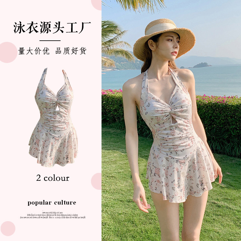 Women's swimwear one-piece floral dress style small chest gathering sexy pure desire style neck-hanging hot spring women's swimwear wholesale -128407 Specification image