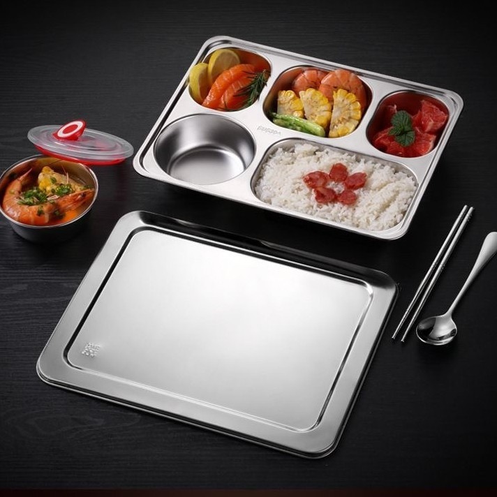 304 Stainless steel fast food plates specially designed for Indonesian schools, with deepened LIDS and stainless steel compartments for restaurants details Picture
