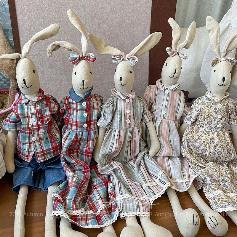 New Korean-style handcrafted cotton and linen rabbit doll, long-legged floral dress, rabbit home decoration doll gift, retro fabric long-eared rabbit doll, checkered and striped floral dress, shirt style soft wear, excellent choice as a souvenir