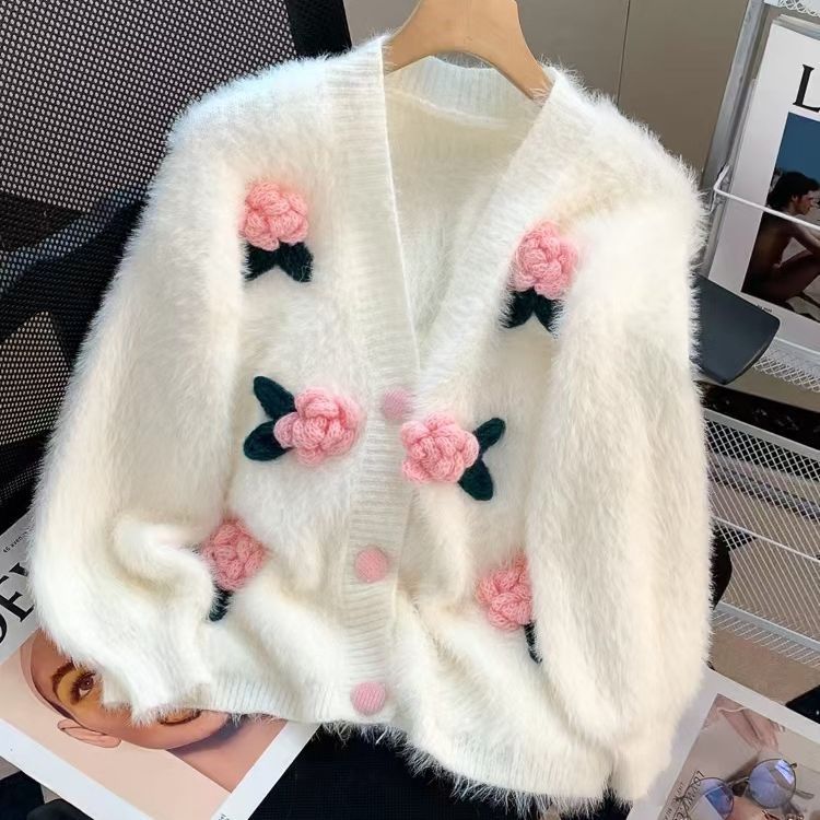 A new autumn loose and thick long-sleeved knitted sweater in solid color for women, featuring a little chanel-style rose sweater cardigan Specification image