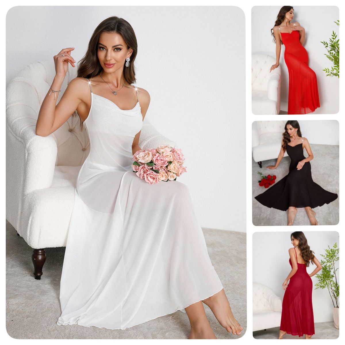 Mufei Cross-border Amazon metal chain shoulder strap halter long dress with a swing neck and sexy tulle sleeping dress available in multiple colors, 879 full figure