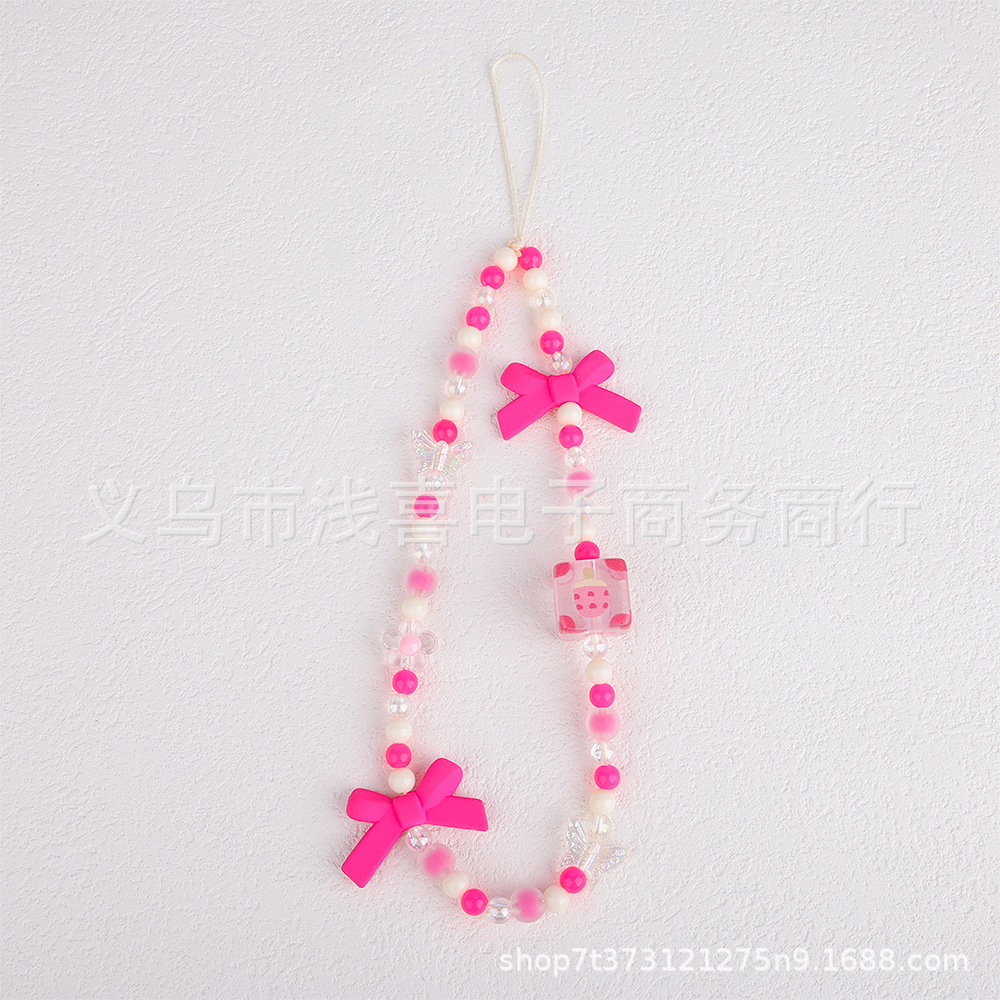 New pink bow strawberry phone chain, pearl heart letter beaded phone keychain bag, hanging baby chain Application Scenario
