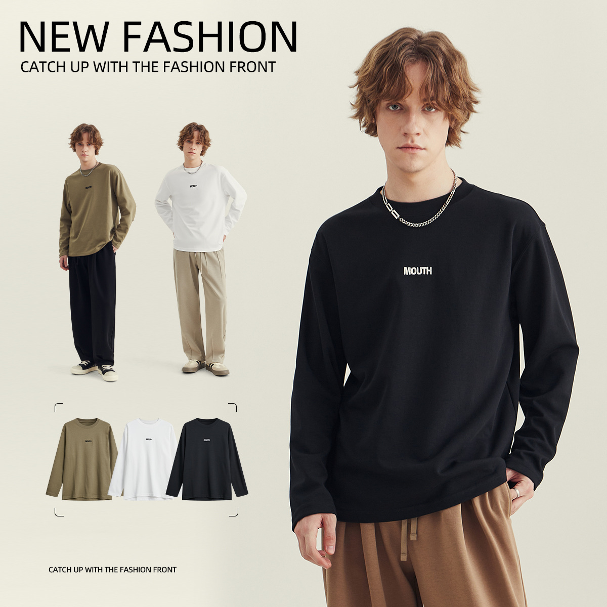 APO男装|2024秋季新款男士长袖T恤潮流宽松刺绣圆领打底衫男上衣