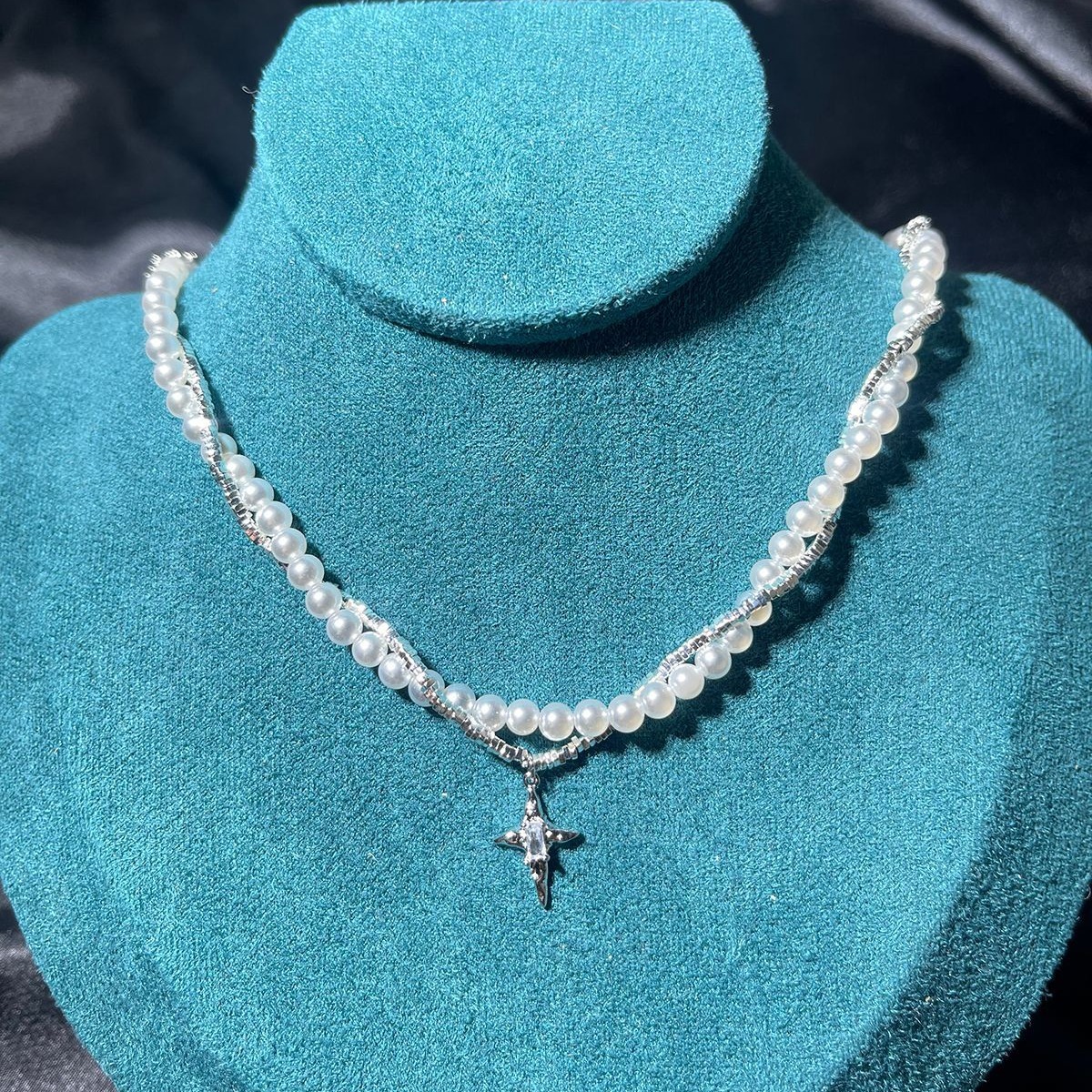 A few pieces of starry pearl silver necklace, four-pointed star collarbone chain, women's niche double-layer design sense, light luxury trend Specification image