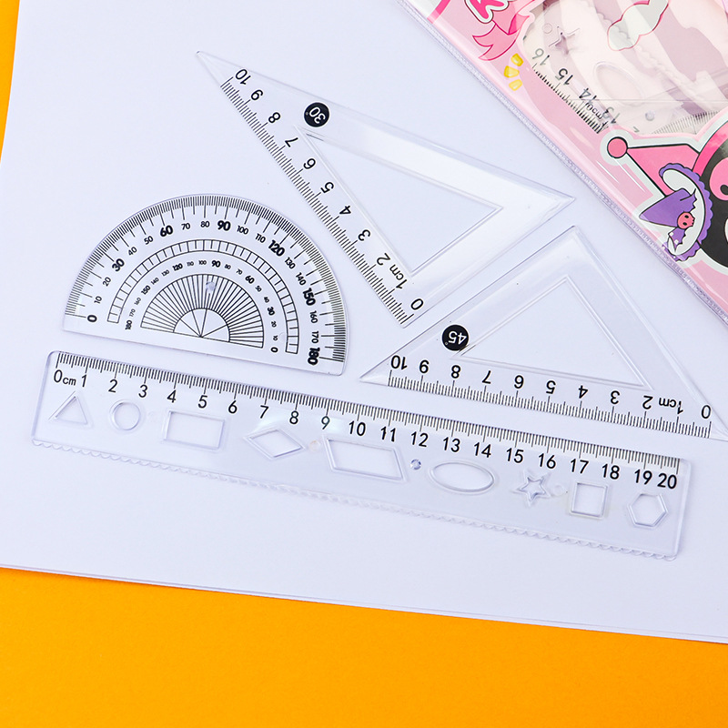 Cartoon ruler set, four-piece ruler set for primary school students, multi-functional set of set square, protractor, ruler and flexible ruler set Specification image