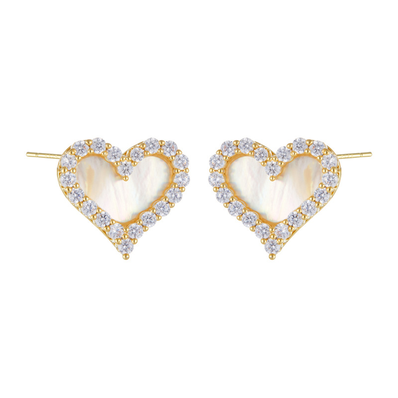 Light luxury irime-colored mother-of-pearl heart-shaped earrings, copper alloy electroplated real gold inlaid with zirconium, s925 silver needle, fashionable and high-end earrings Item Picture