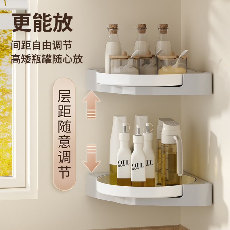 Kitchen rotating seasoning rack, no drilling required, wall-mounted seasoning storage rack, corner seasoning rack, soy sauce and vinegar bottle storage Application Scenario