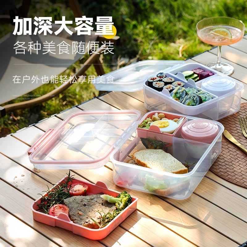 Portable food storage box, outdoor fruit box, portable salad box with dipping sauce, compartments bento box, lunch box for work Application Scenario