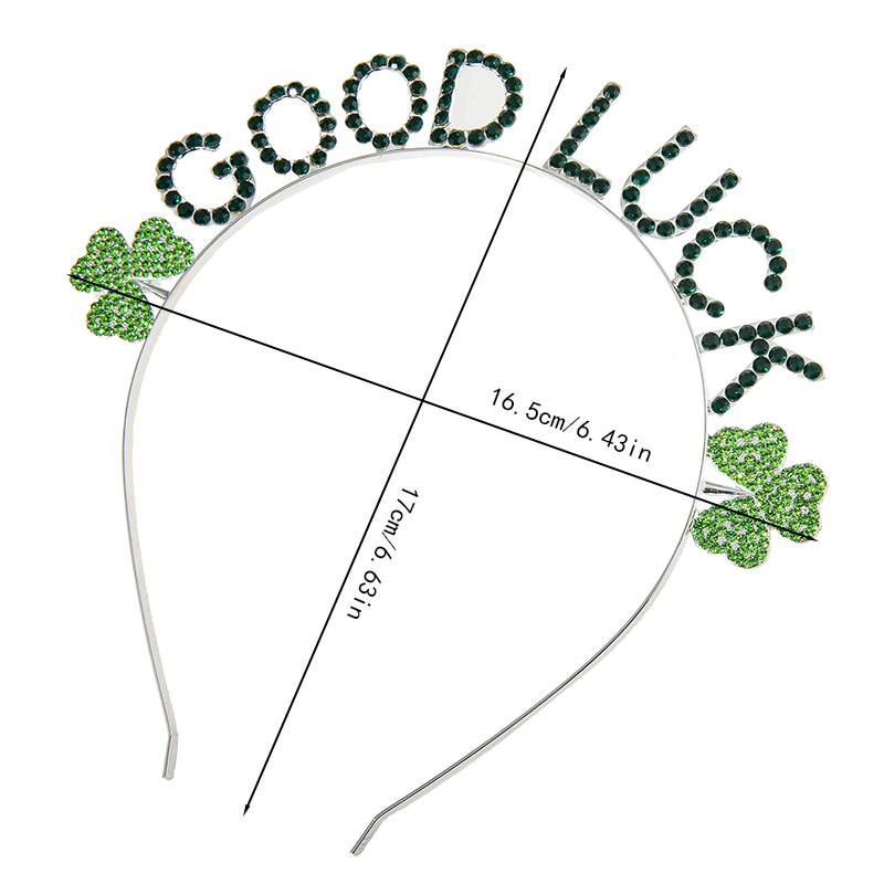 The manufacturer's new cross-border Irish Festival GOOD LUCK letter headband and green rhinestone clover headband from Europe and America Application Scenario