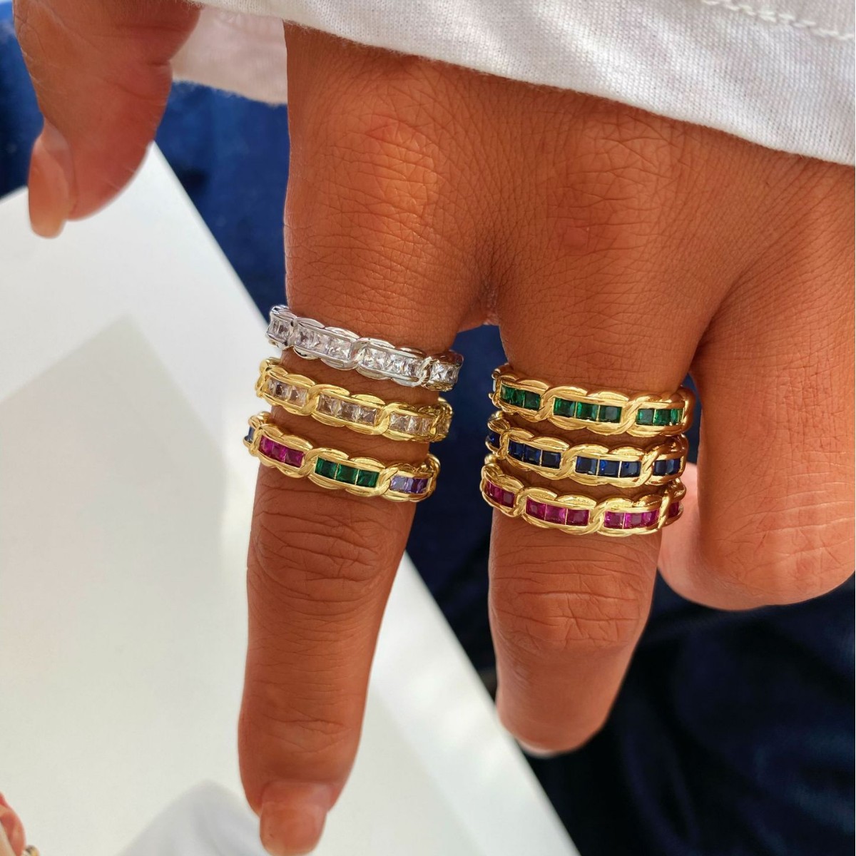 European and American cross-border light luxury copper micro-inlaid zircon ring bracelet, women's fashionable and versatile geometric jewelry set details Picture