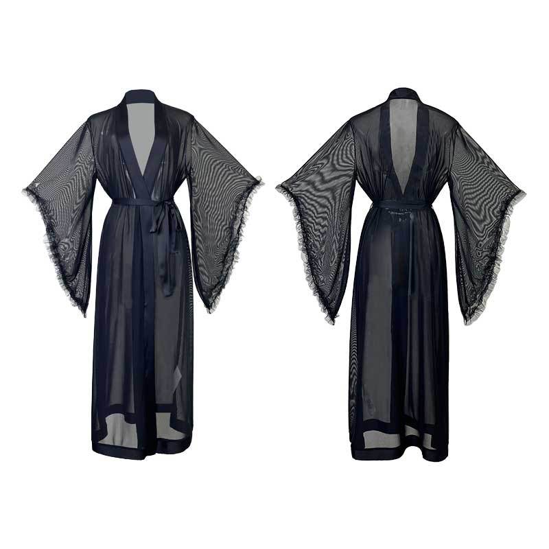 Cross-border European and American sexy mesh long bathrobe, loose and buttoned cuffs, sexy see-through pajamas, women's home wear 827 Item Picture
