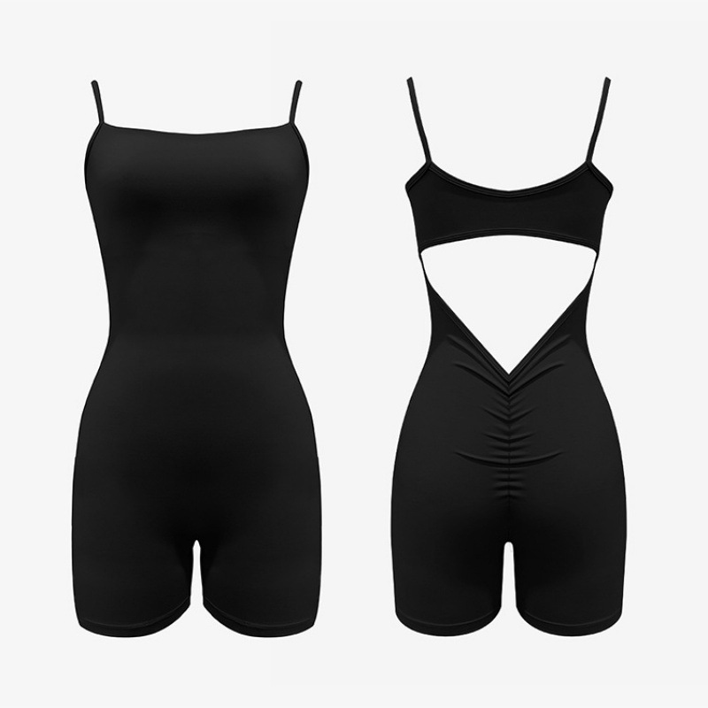 Cross-border one-piece suit with thin shoulder and back, short shorts, one-piece suit with hollowed-out V-waist and pleated yoga one-piece suit Item Picture