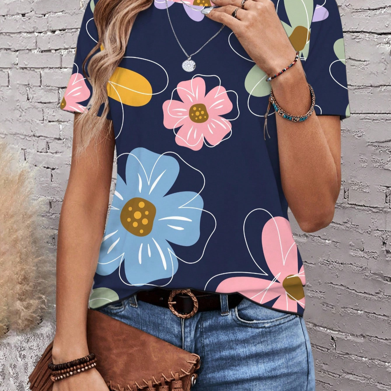 Cartoon flower Amazon Summer New colorful and fashionable printed short-sleeved round-neck T-shirt for women details Picture