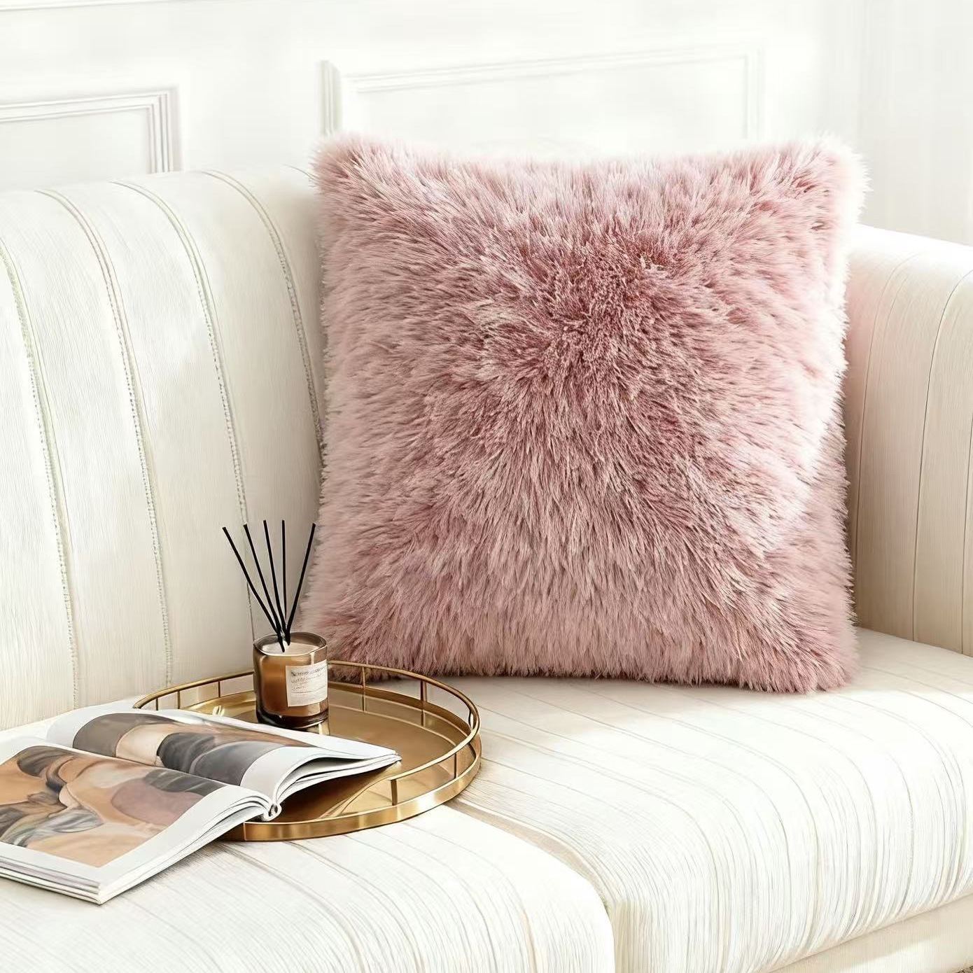 Cross-border bestseller plush pillowcase, simple European-style solid color peacock fleece office and home sofa pillow Specification image