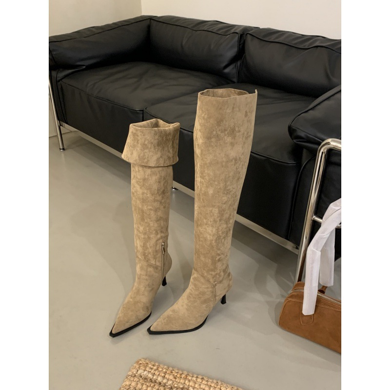 法式一靴多穿高细跟尖头堆堆过膝靴女春秋款侧拉链复古瘦瘦过膝靴详情图5