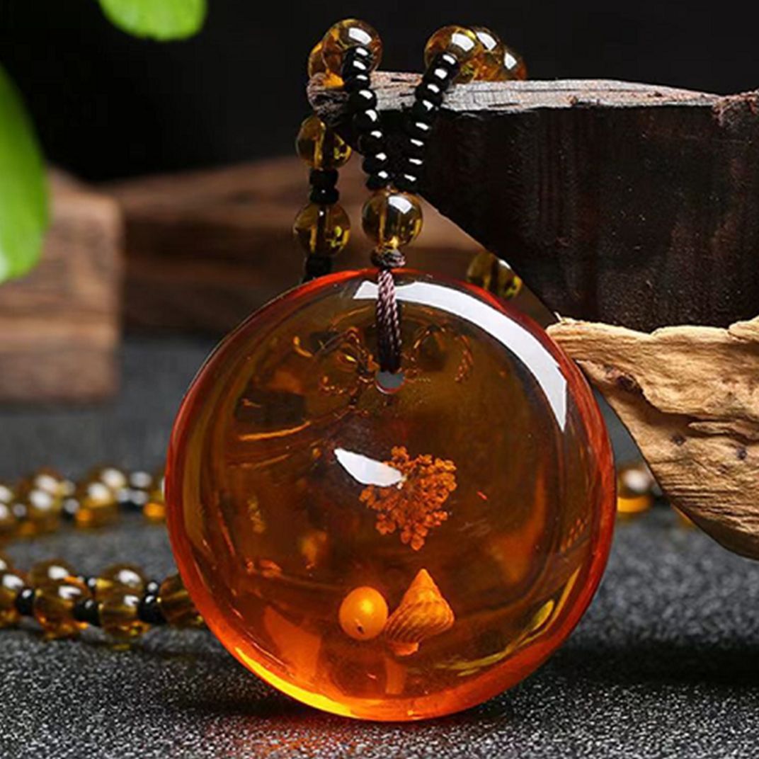 Amber and copal imitation sweater chain inlaid with shell and plant fossils, fashionable necklace for men and women, live-streaming gift for sale details Picture