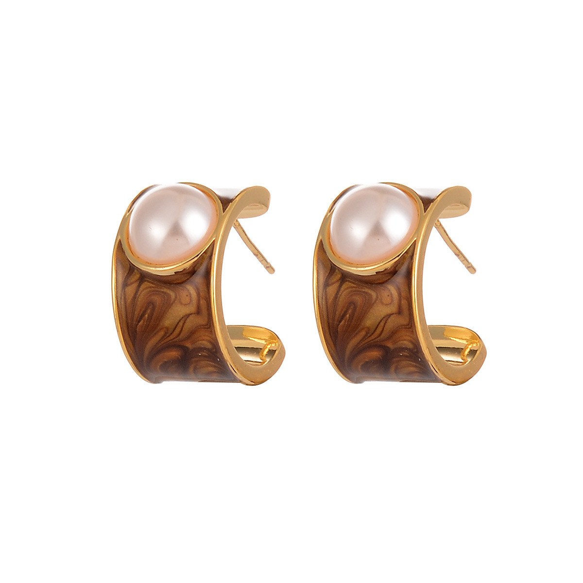 Maillard retro C-shaped earrings with tiger's eye stone design, a niche vintage fashionable and simple coffee-colored earrings Item Picture