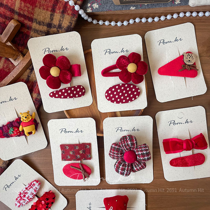 New Korean-style sweet red flower fabric hair clips, handcrafted children's side fringed bangs clips, versatile hair accessories, red girl hair clips, velvet check pattern, flower polka dot bow style, daily cute and exquisite outfit accessories Specification image