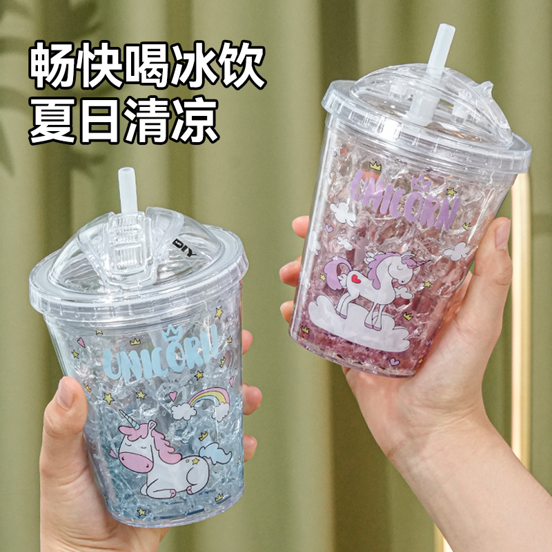 Summer crushed ice cup, Korean double-layer straw water cup, cute unicorn portable and personalized ice cup for female students