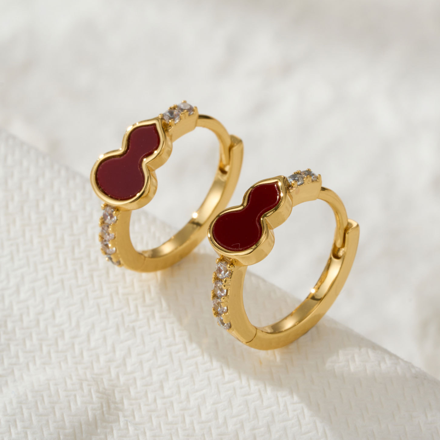New Chinese-style national trend gourd earrings, copper alloy, real gold electroplated, zircon resin inlaid, light luxury and high-end earring earrings
