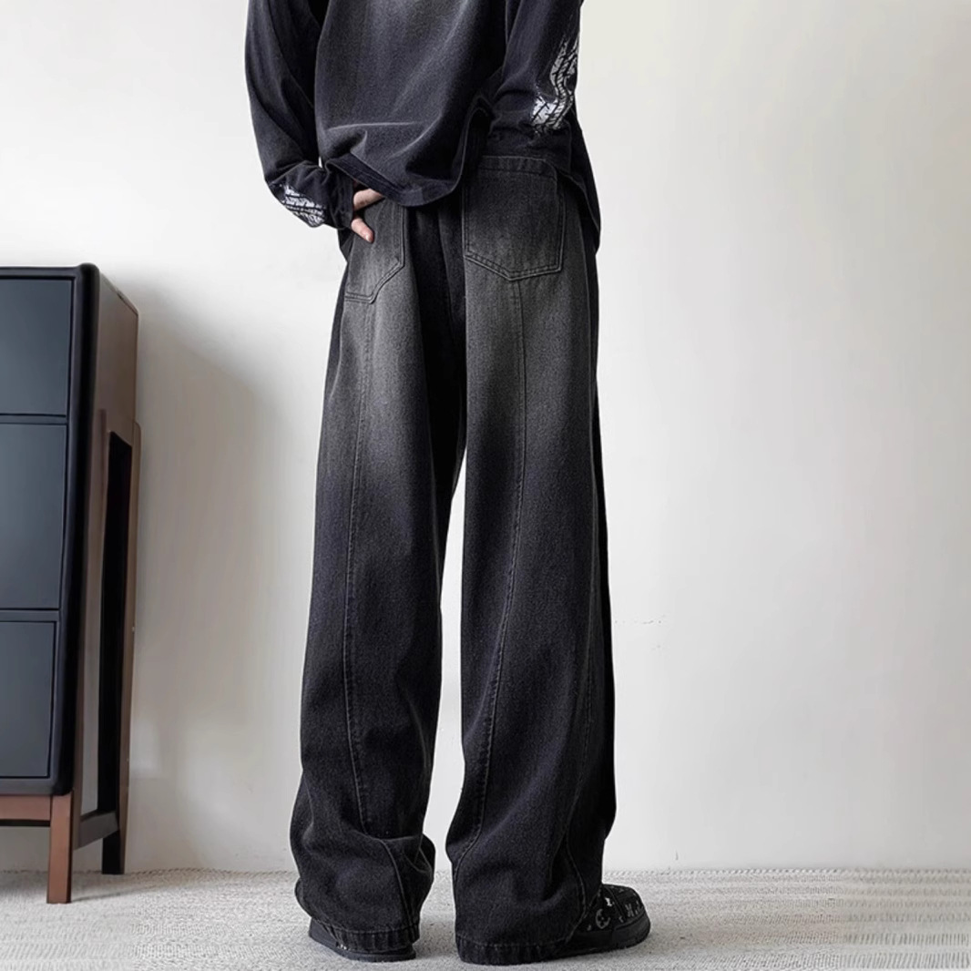 Men's autumn American high street washed jeans, plus-size trendy brand loose straight-leg men's wide-leg pants details Picture