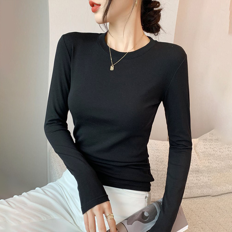 A high-end round-neck base layer for women's autumn and winter, a slimming and form-fitting T-shirt, paired with a solid-colored German velvet warm long-sleeved top Specification image