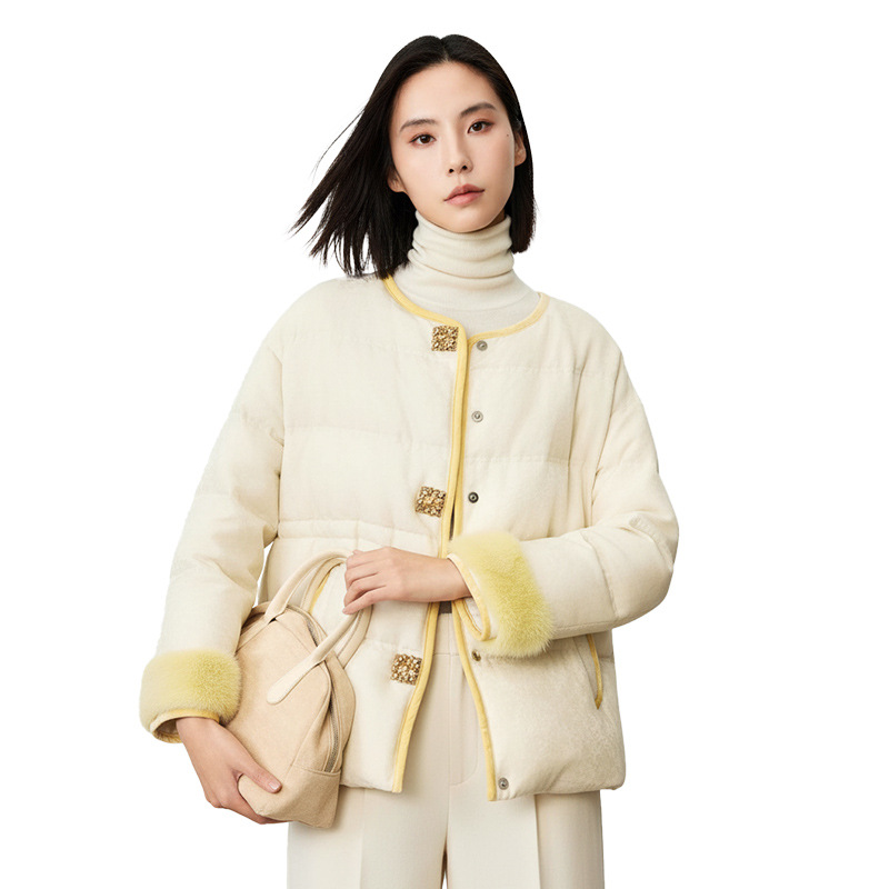 New Chinese-style goose down jacket made of mink hair and patchwork for winter women's fashion, white goose down warm Chinese-style coat 2195 Item Picture