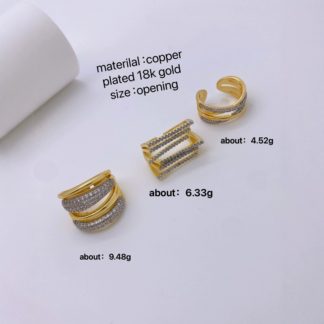 Cross-border exclusive copper plated with 18k gold and set with zircon rings, a variety of fashionable and retro open-mouth finger rings and loose-mouth rings Specification drawing