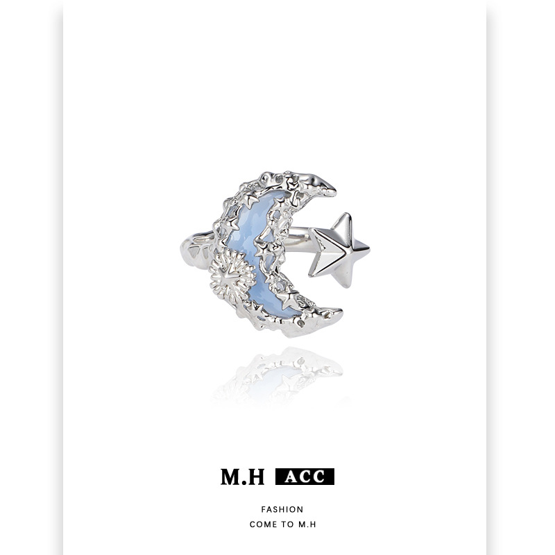 Original lava blue moon ring for women, a niche design with a light luxury and high-end feel, unique and individual index finger ring