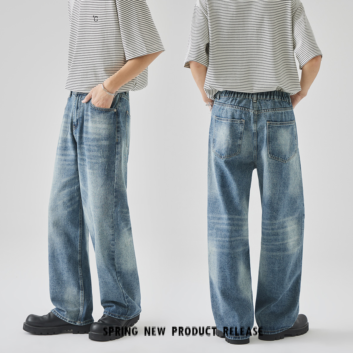APO Men's Wear: American distressed retro ripped jeans for men, high-end, trendy, cool, loose, straight long pants Specification image